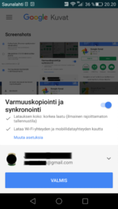 Google Kuvat aseta varmuuskopiointiasetukset